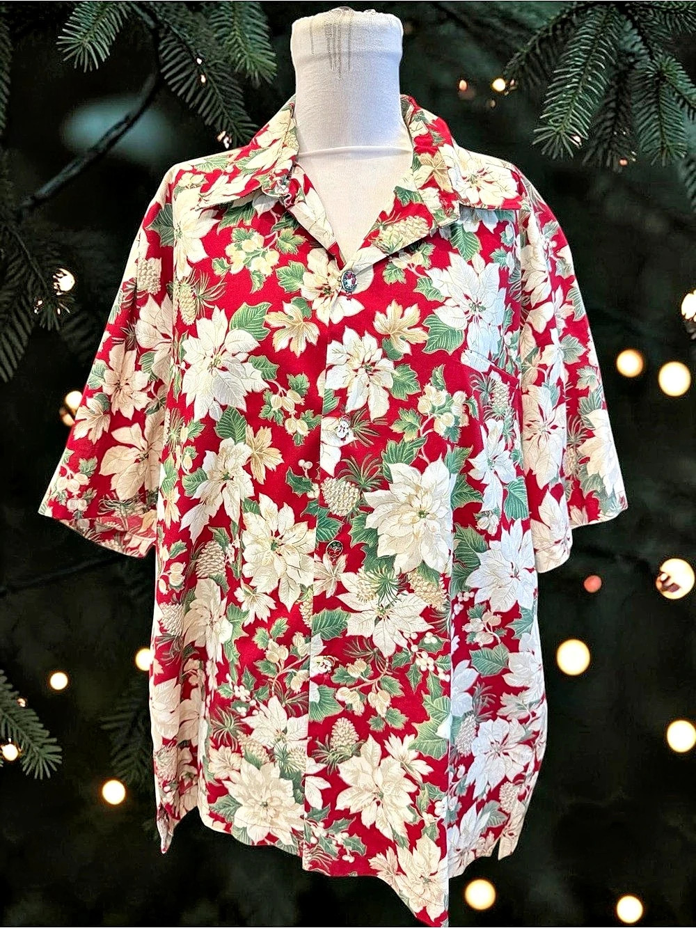 Christmas Poinsettia Hawaiian Camp Shirt Red & Green Mens XL HANDMADE Alohawear